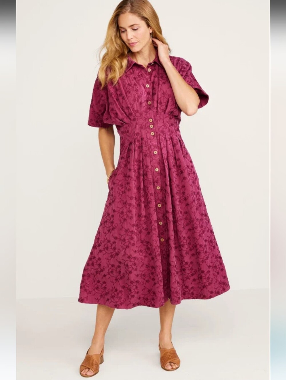 Soft Surroundings Embroidered SS Short Sleeve Tencel Midi Shirtdress Rich Berry